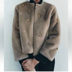 ZARA Faux Fur Jacket with Gold Accents